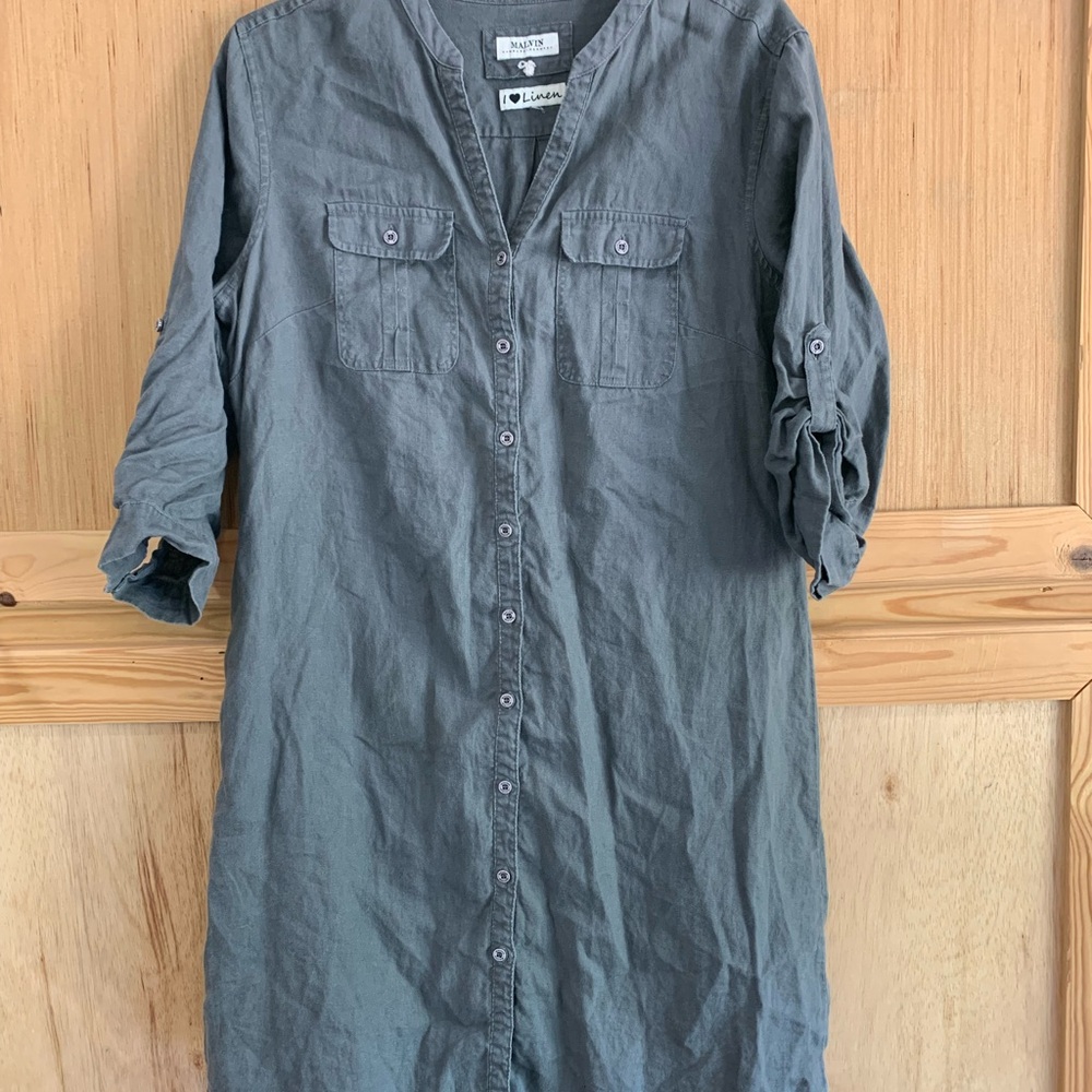 Malvin Hamburg Germany Linen Gray Button-Up Shirt Dress Sz M? Adjustable Slv